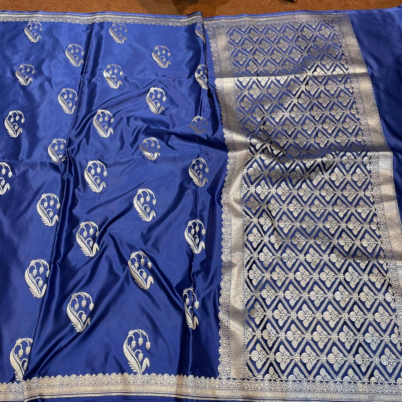 Mashru Silk Saree Royal Blue Color with Short Border Delicate Paisley/Mango Boota MSW-12
