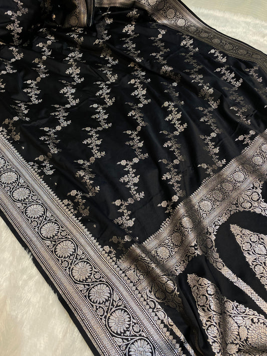 Mashru Silk Saree Black Maharani Color With Floral Border MSW29