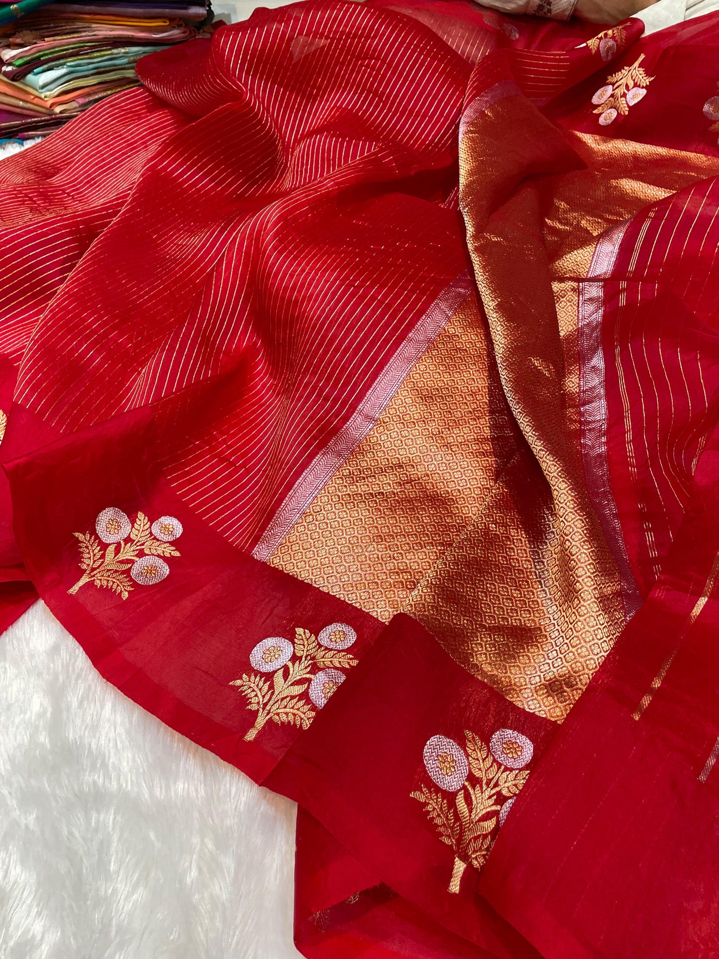 Bright Red Pure Kora Organza Banarasi Handloom Saree's