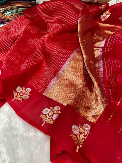 Bright Red Pure Kora Organza Banarasi Handloom Saree's