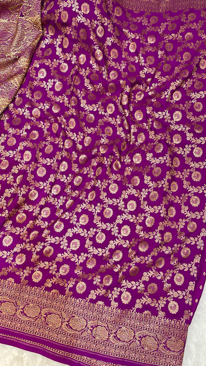Pure Banarasi Khaddi Crape Silk Handloom Saree with Traditional Corners Rani Color