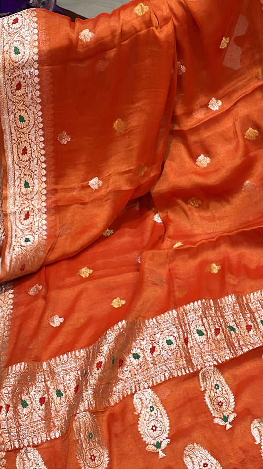 100% Authentic Pure Banarasi Khaddi Chiffon Tissue Saree' Rusty Orange Color