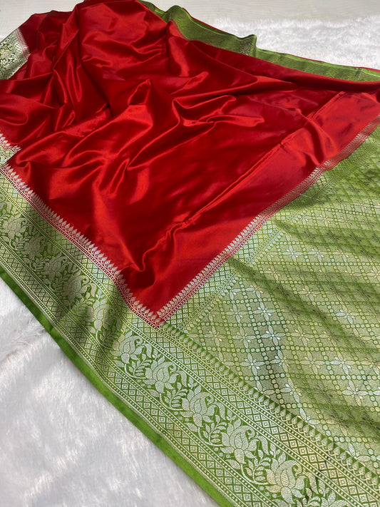 Mashru Silk Saree Red with Bottle Green Color With Floral Border MSW46