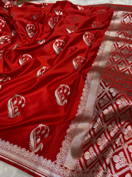 Mashru Silk Saree Imperial Red Glow Color With Floral Border All Over Mango Boota MSW25