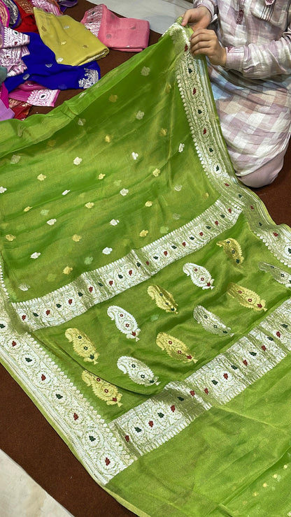 100% Authentic & Luxurious Pure Banarasi Khaddi Chiffon Tissue Saree Neon Parrot Green Colour