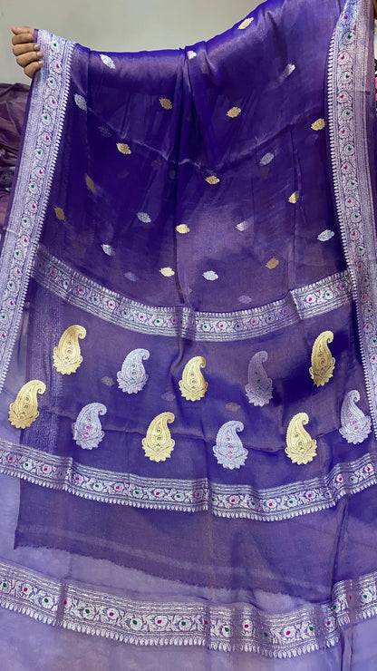 100% Authentic & Luxurious Pure Banarasi Khaddi Chiffon Tissue Saree Deep Purple Shade