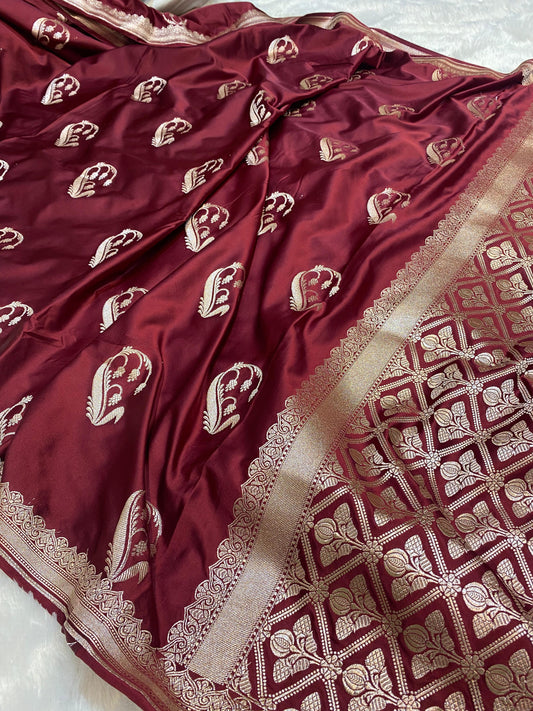 Mashru Silk Saree Imperial Maroon Glow Color With Floral Border All Over Mango Boota MSW24
