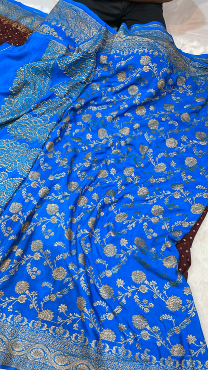 Pure Banarasi Khaddi Crape Silk Handloom Saree with Traditional Corners Coffee Brown With Firozi