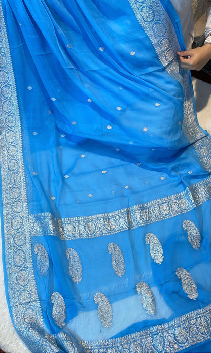 100% Pure Banarasi Khaddi Chiffon Silver Zari Kadwa Buti Handloom Saree Firozi Blue Color