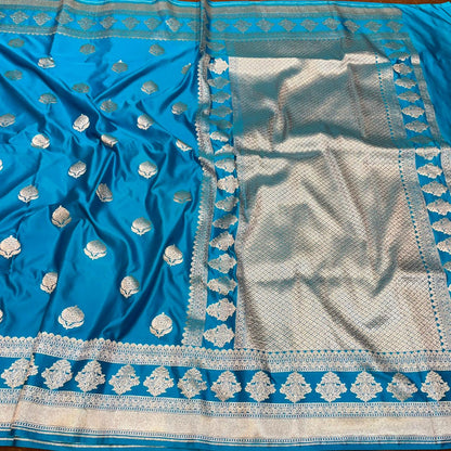 Mashru Silk Saree Firozi/Teal Blue Color with Floral Border All Over Boota MSW-04