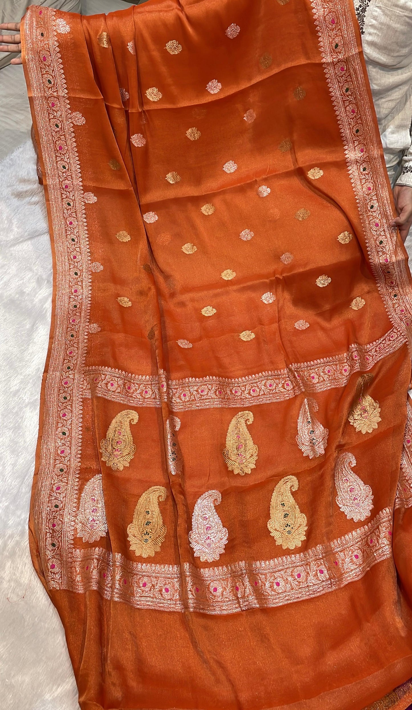100% Authentic & Luxurious Pure Banarasi Khaddi Chiffon Tissue Saree Rust Orange Colour