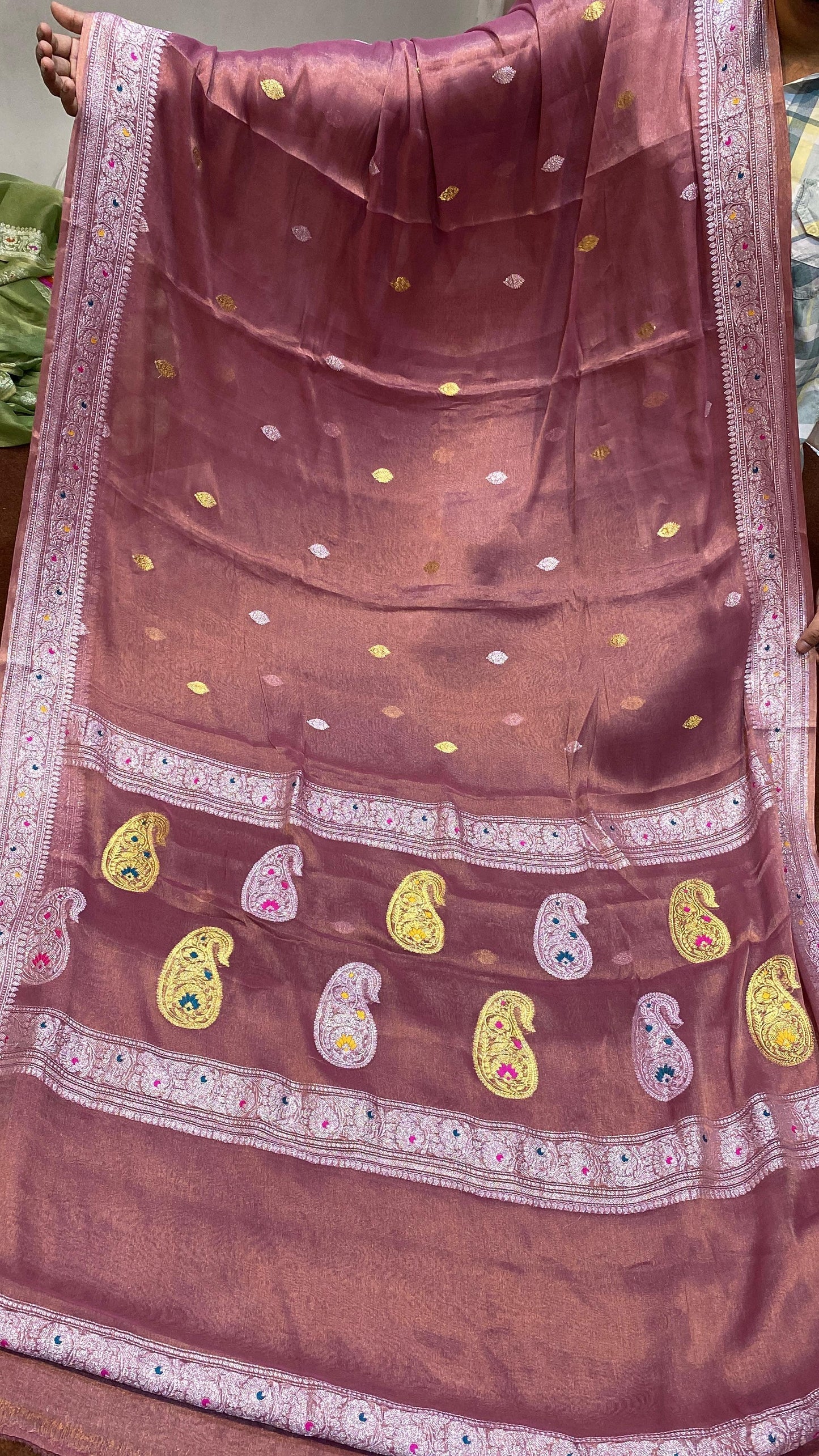 100% Authentic & Luxurious Pure Banarasi Khaddi Chiffon Tissue Saree Rust Colour