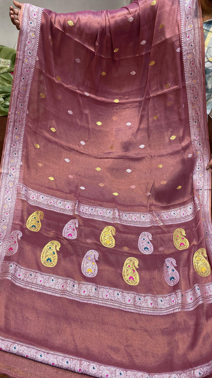 100% Authentic & Luxurious Pure Banarasi Khaddi Chiffon Tissue Saree Rust Colour