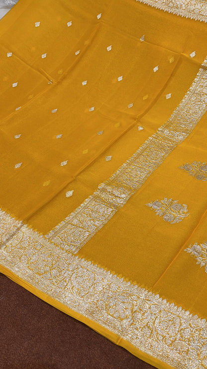 100% Pure Banarasi Khaddi Chiffon Silver Zari Kadwa Buti Handloom Saree Canary Yellow Colour