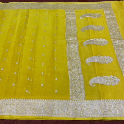 100% Pure Banarasi Khaddi Chiffon Silver Zari Kadwa Buti Handloom Saree Lemon Yellow Colour