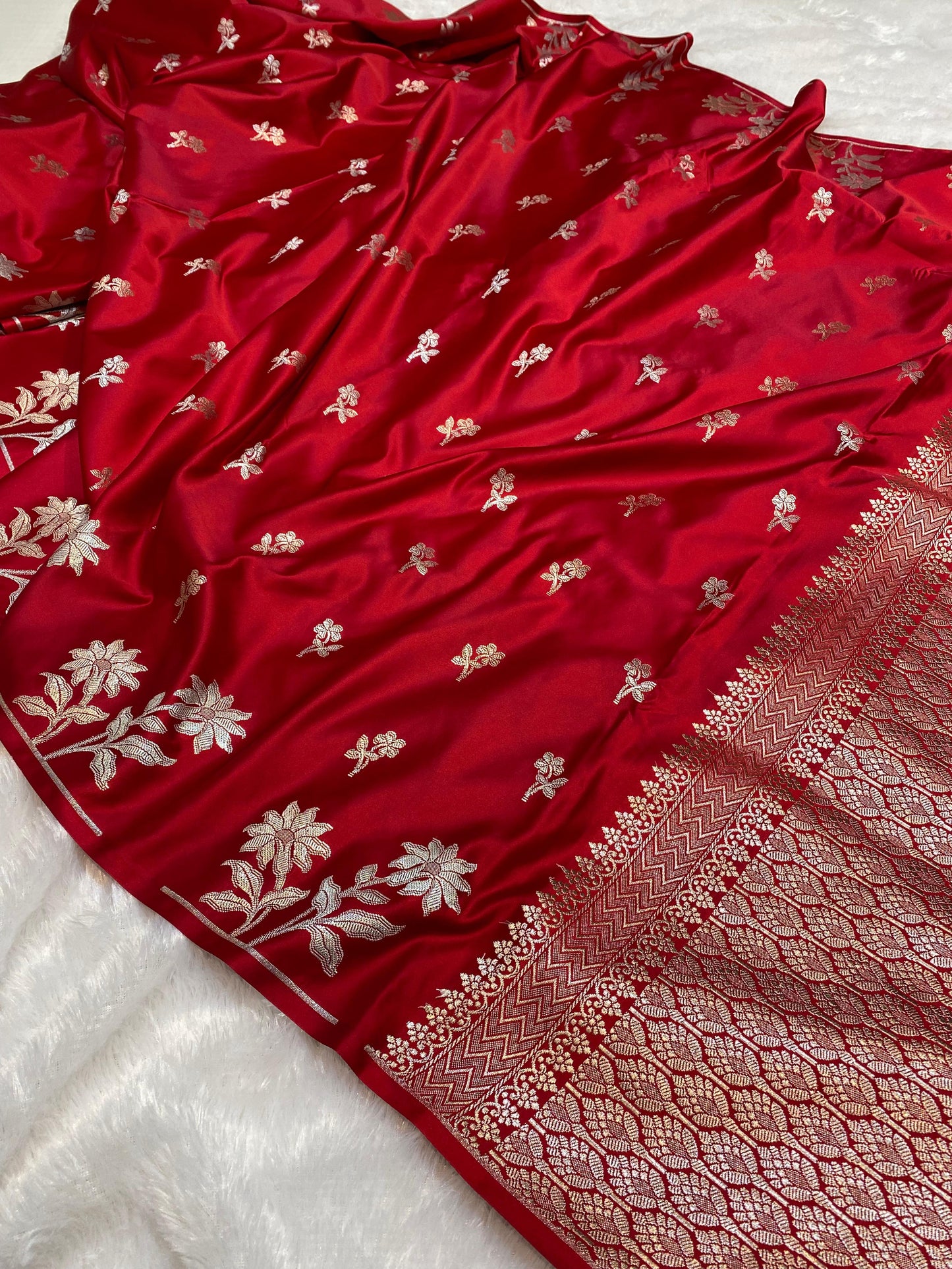 Mashru Silk Saree Crimson Red Color With Sunflower Buta Border Sona Rupa Zari  MSW36