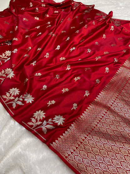 Mashru Silk Saree Crimson Red Color With Sunflower Buta Border Sona Rupa Zari  MSW36