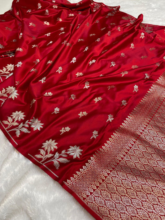 Mashru Silk Saree Crimson Red Color With Sunflower Buta Border Sona Rupa Zari  MSW36