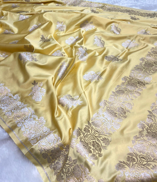 Mashru Silk Saree Milk-ish Yellow Color With Floral Border All Over Flower Boota MSW22