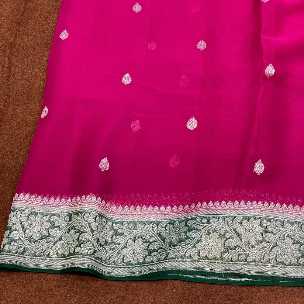 100% Pure Banarasi Khaddi Chiffon Silver Zari Kadwa Buti Handloom Saree Rani Pink With Bottle Green