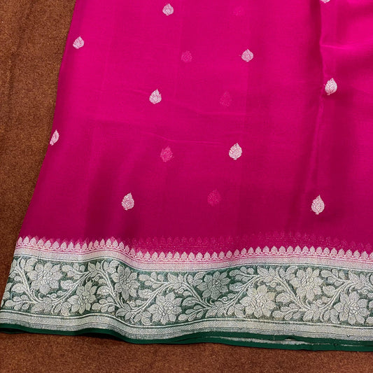 100% Pure Banarasi Khaddi Chiffon Silver Zari Kadwa Buti Handloom Saree Rani Pink With Bottle Green