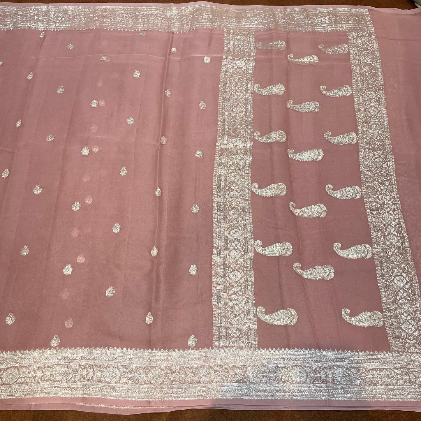 100% Pure Banarasi Khaddi Chiffon Silver Zari Kadwa Buti Handloom Saree Gazri Colour