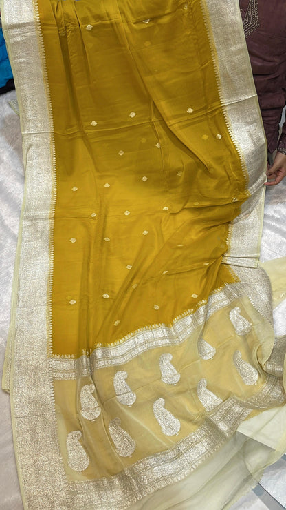 100% Pure Banarasi Khaddi Chiffon Silver Zari Kadwa Buti Handloom Saree Mango Yellow with lemonish Yellow Colour
