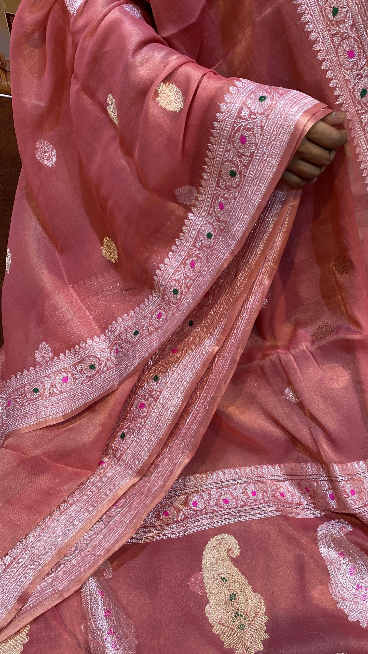 100% Authentic & Luxurious Pure Banarasi Khaddi Chiffon Tissue Saree Gazri Color