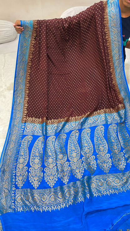 Pure Banarasi Khaddi Crape Silk Handloom Saree with Traditional Corners Coffee Brown With Firozi