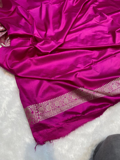 Mashru Silk Saree Rani Pink Color With Floral Border Sona Rupa Zari Mina Jaal Pattern MSW43