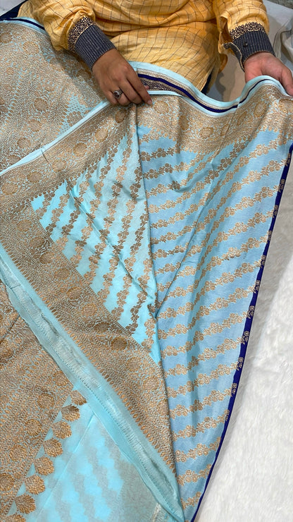 Pure Banarasi Khaddi Crape Silk Handloom Saree with Traditional Corners Navy Blue With Sky Color