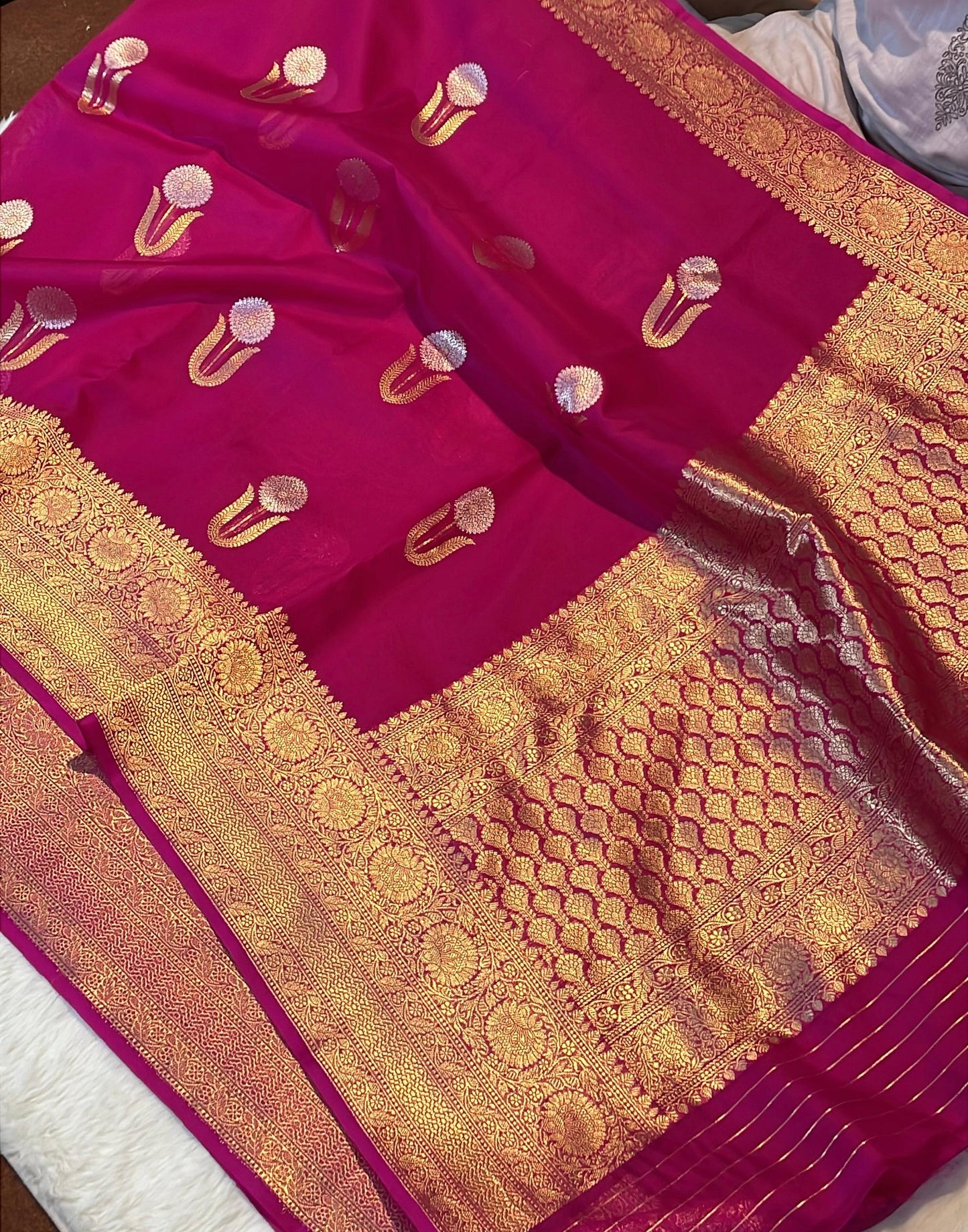 Rani Pink Pure Kora Organza Banarasi Kadhwa Handloom Saree's