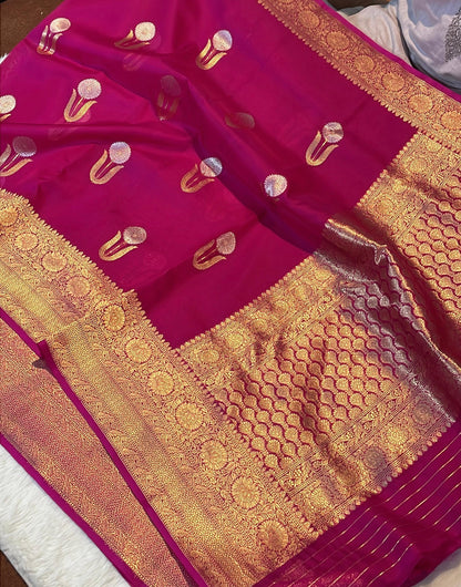 Rani Pink Pure Kora Organza Banarasi Kadhwa Handloom Saree's