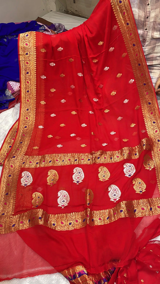 100% Authentic & Luxurious Pure Banarasi Khaddi Chiffon Tissue Saree Scarlet Red Color