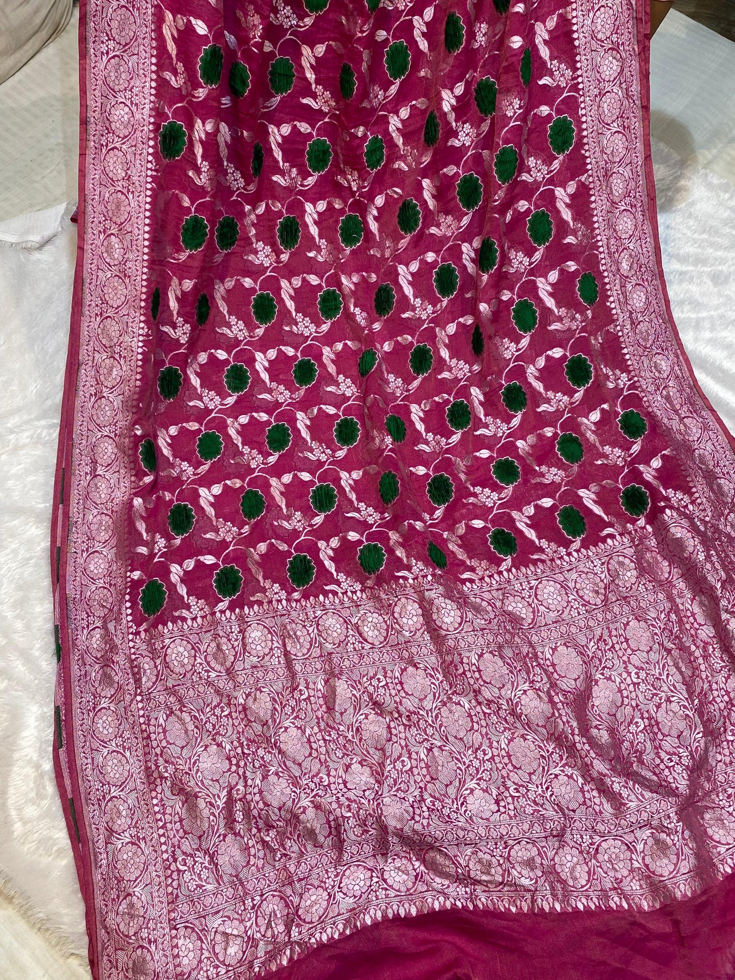 Pure Khaddi Georgette Tissue Saree With Velvet Weaving Blush Royale Pink Color [*Color Customisable]