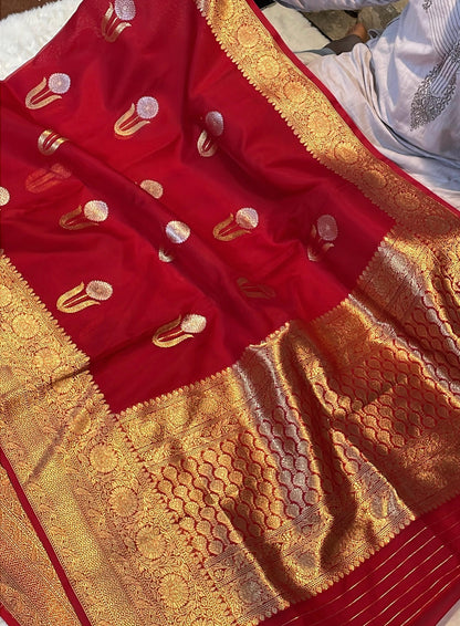 Blood Red Pure Kora Organza Banarasi Kadhwa Handloom Saree's