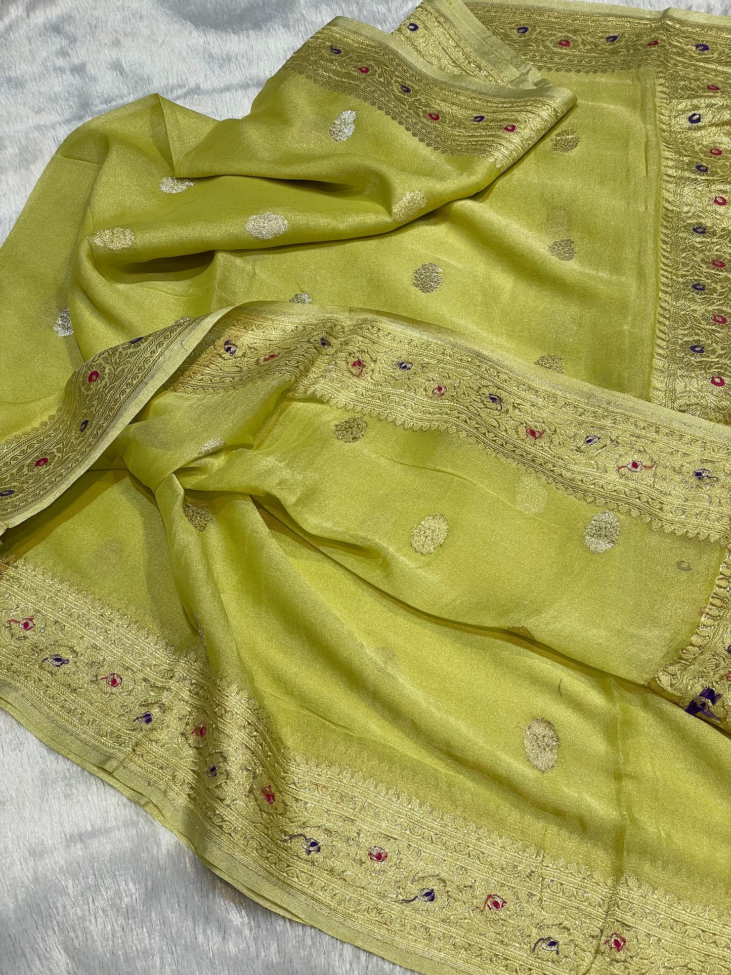 100% Authentic Pure Banarasi Khaddi Chiffon Tissue Saree Lime Green Colour