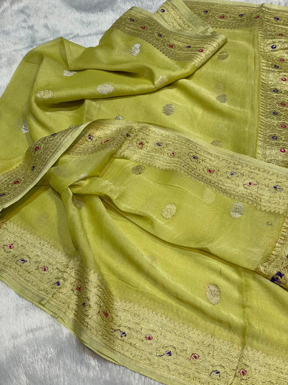 100% Authentic Pure Banarasi Khaddi Chiffon Tissue Saree Lime Green Colour