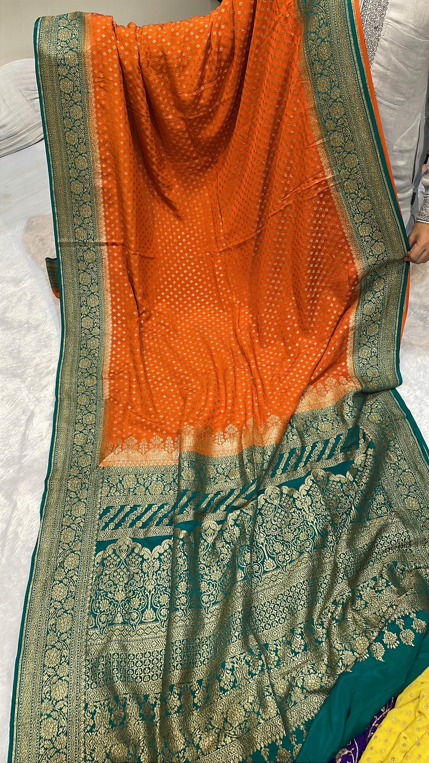 Pure Banarasi Khaddi Crape Silk Handloom Saree with Traditional Corners Orange With Green