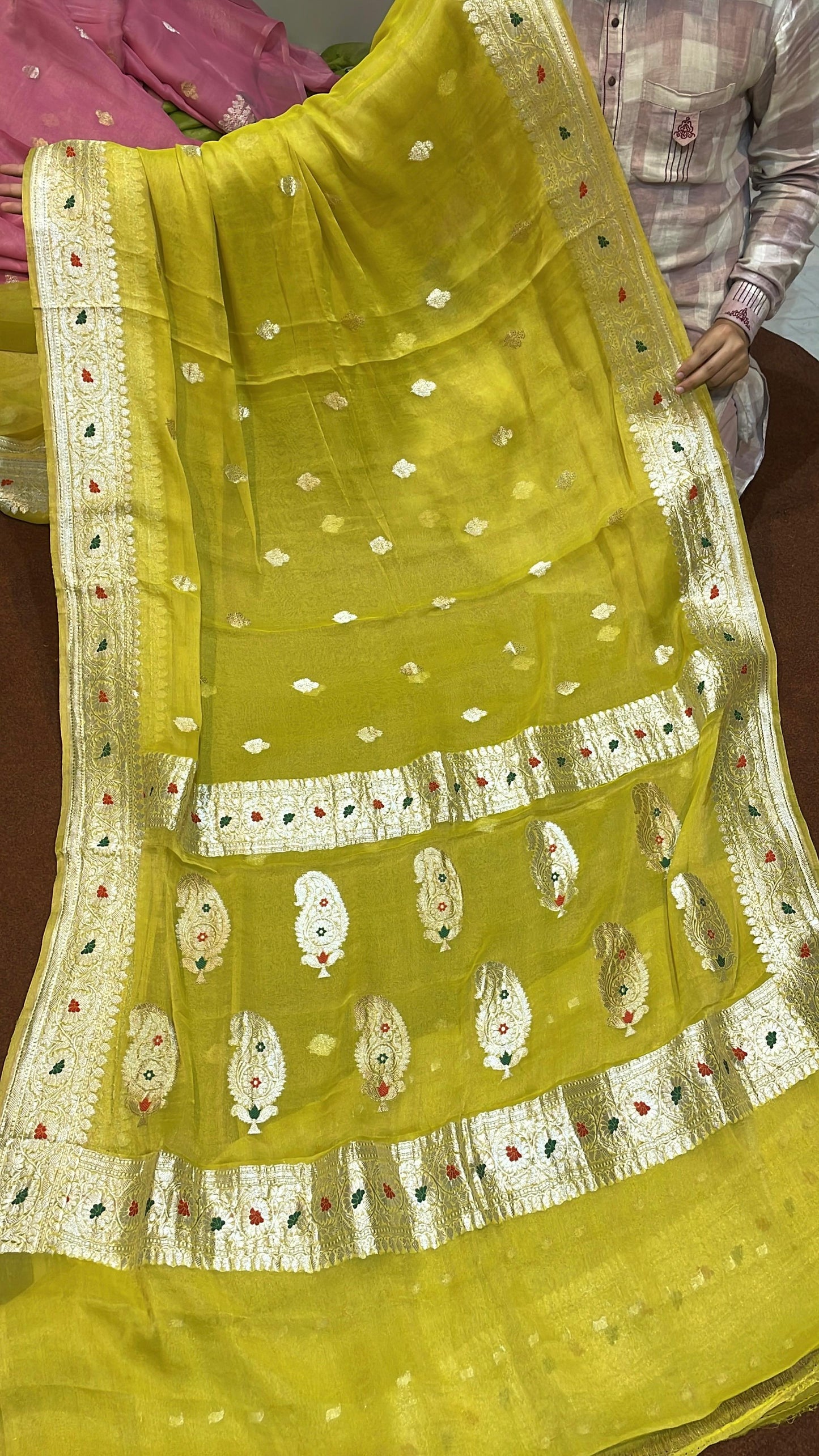 100% Authentic & Luxurious Pure Banarasi Khaddi Chiffon Tissue Saree Spring Canary Yellow Colour
