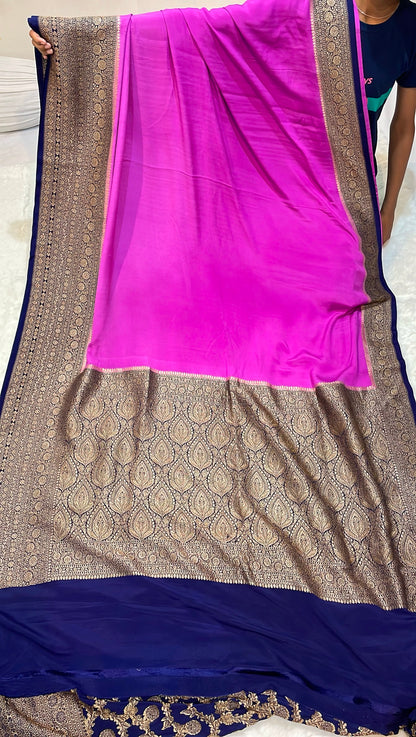 Pure Banarasi Khaddi Crape Silk Handloom Saree with Traditional Corners Rani with Navy Color
