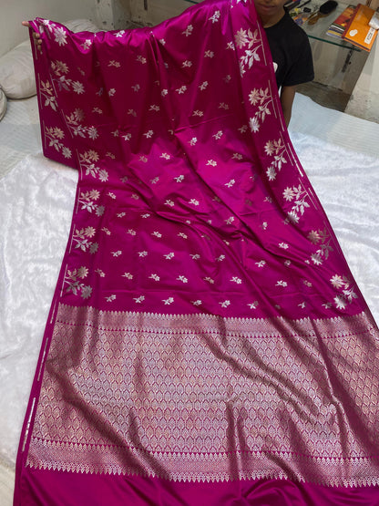Mashru Silk Saree Pink Mirage Color With Sunflower Buta Border Sona Rupa Zari MSW50