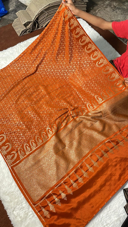 Pure Banarasi Khaddi Crape Silk Handloom Saree Rusty Orange Color