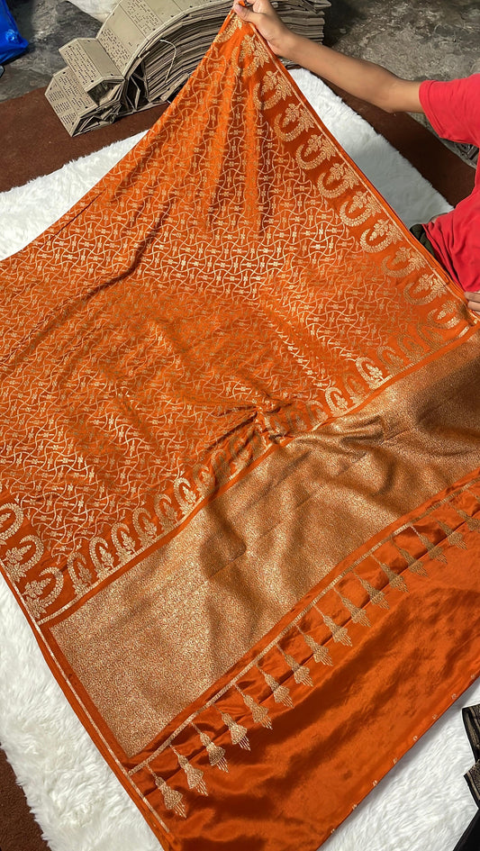 Pure Banarasi Khaddi Crape Silk Handloom Saree Rusty Orange Color