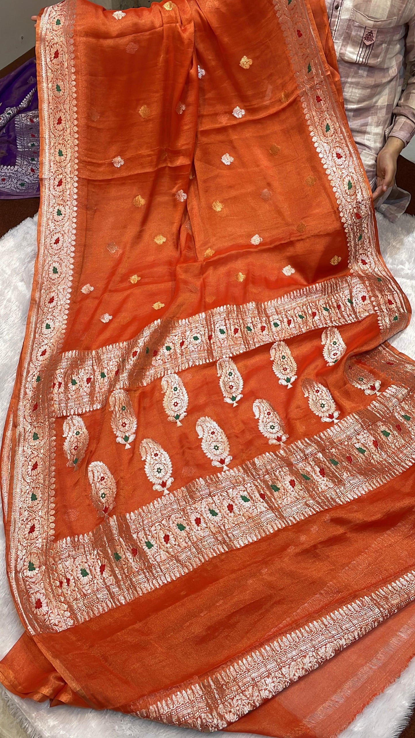 100% Authentic Pure Banarasi Khaddi Chiffon Tissue Saree' Rusty Orange Color