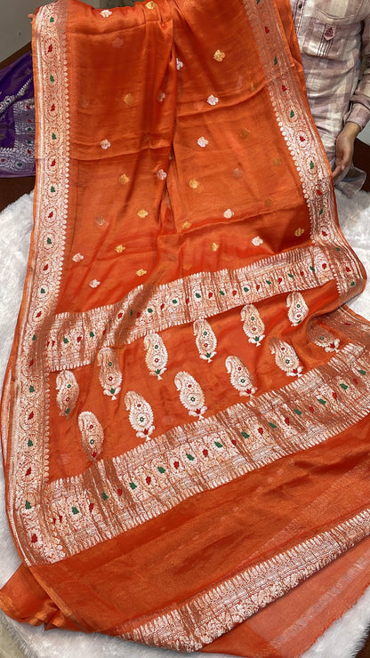 100% Authentic Pure Banarasi Khaddi Chiffon Tissue Saree' Rusty Orange Color