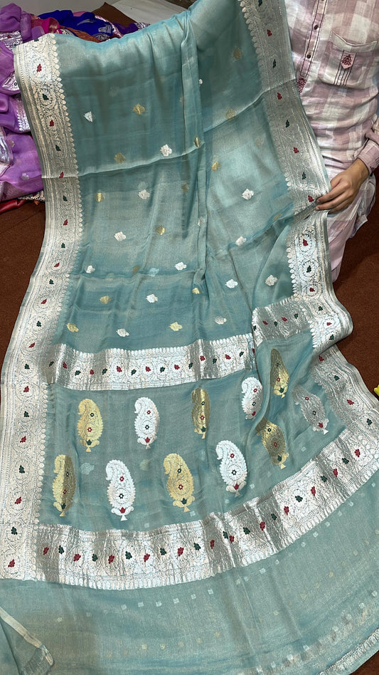 100% Authentic Pure Banarasi Khaddi Chiffon Tissue Saree Pure Powder Blue Colour