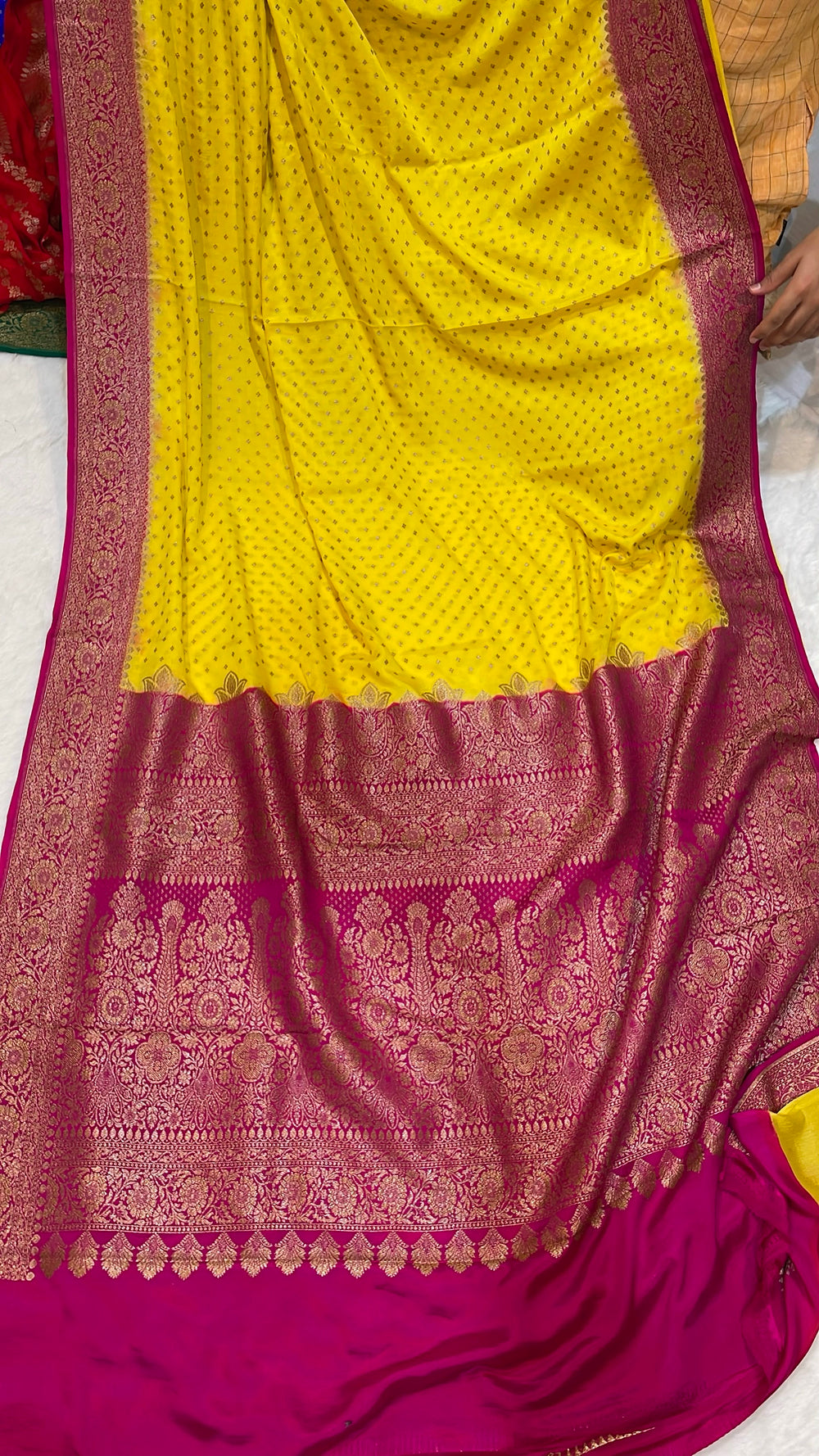 Pure Banarasi Khaddi Crape Silk Handloom Saree with Traditional Corners Yellow With Rani Color
