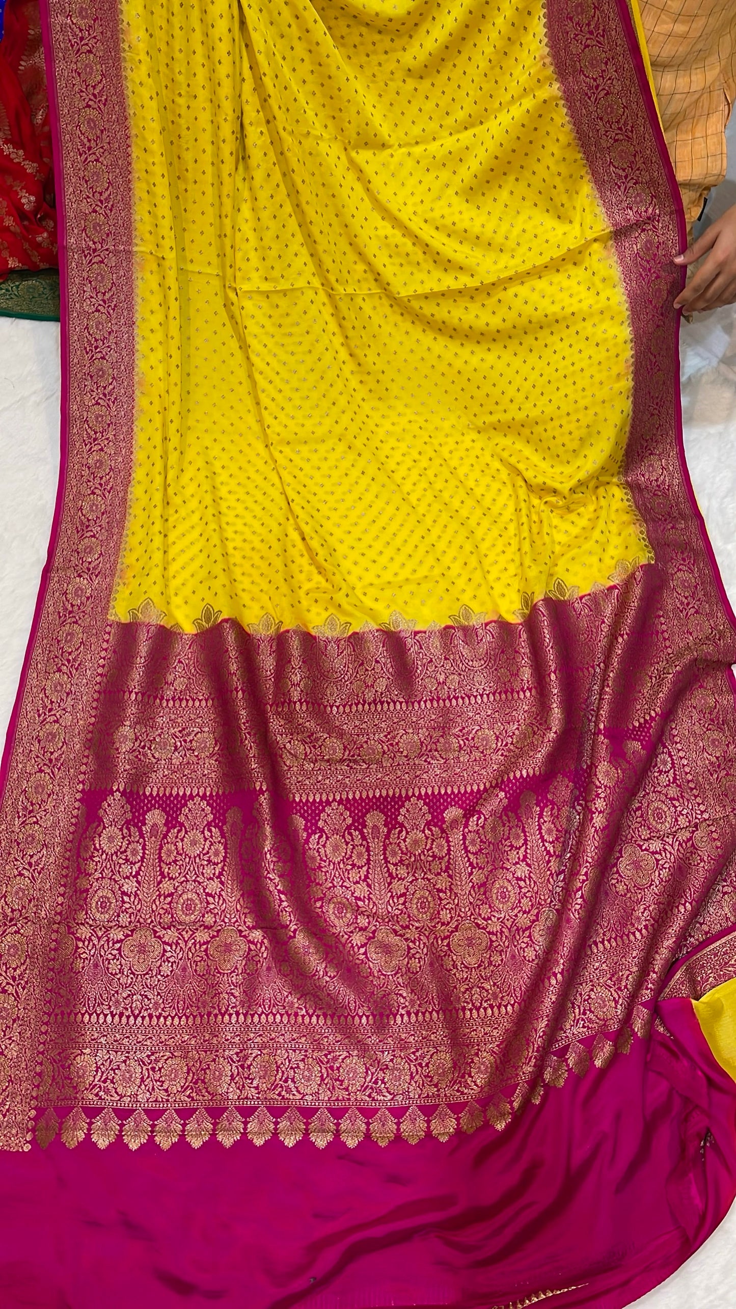Pure Banarasi Khaddi Crape Silk Handloom Saree with Traditional Corners Yellow With Rani Color