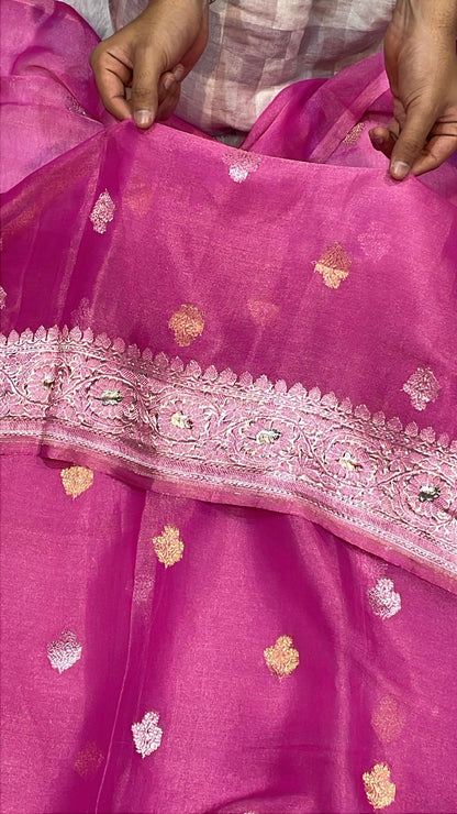 100% Authentic & Luxurious Pure Banarasi Khaddi Chiffon Tissue Saree Noor Rani Royale Pink Colour